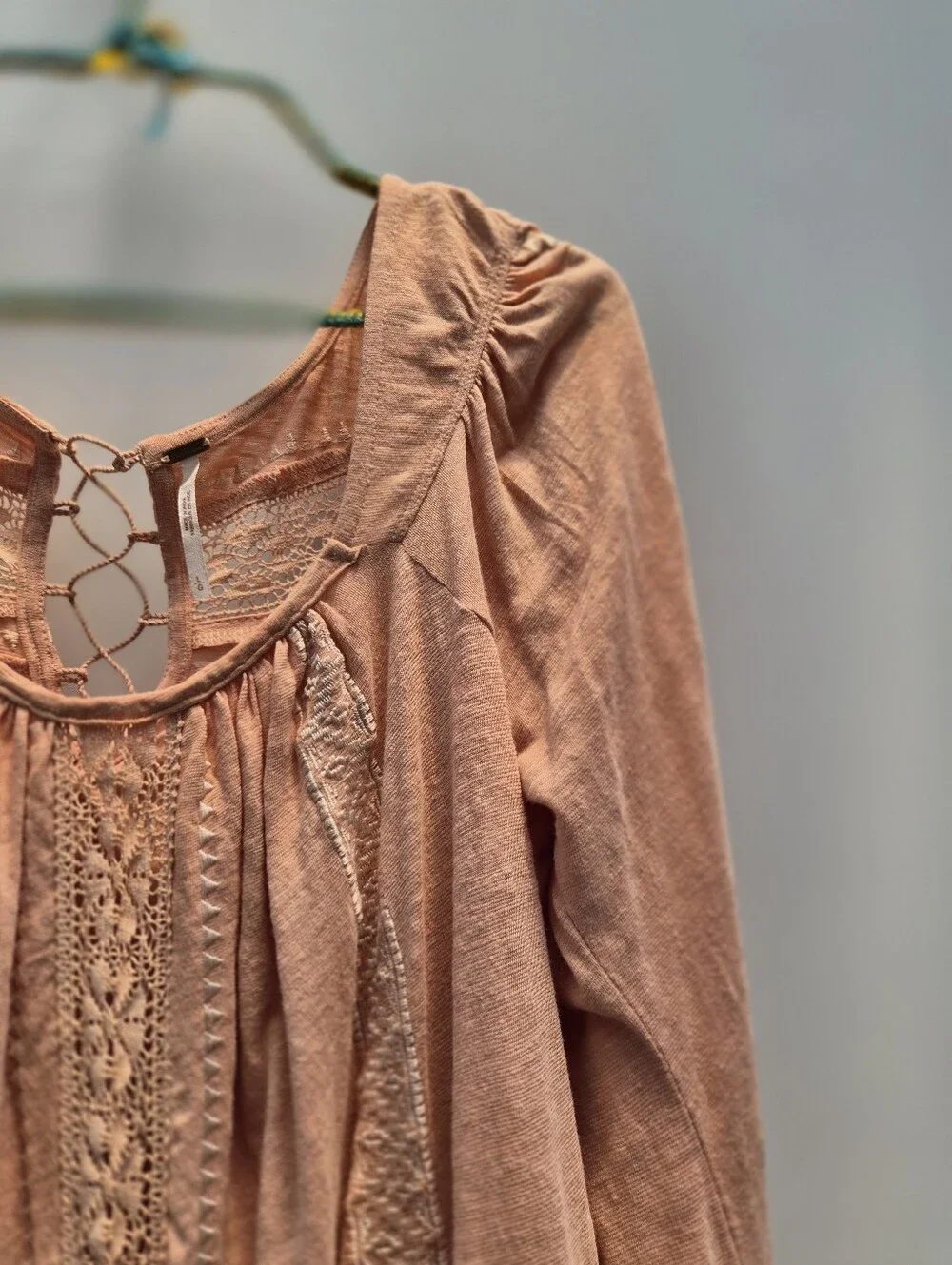 Free People Silverlake Peasant Blouse Large Peach Fairycore 70s Boho Chic Lace